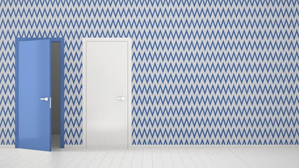 Empty room with white and blue wallpaper interior design with open and closed doors with frame,...