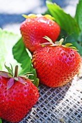 Fresh,sweet strawberries on wooden background and burlap.Healthy fruit.