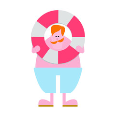 A man with red hair and a mustache with a lifebuoy, lifeguard. Cartoon character. Isolated object.