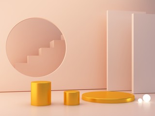 3d render. Minimal scene with podiums to show a product. Pastel colors scene with geometrical forms and golden cylinder podium. Gold platforms and stair in background. Elegant and trendy scene.