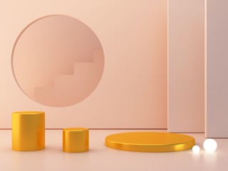 3d render. Minimal scene with podiums to show a product. Pastel colors scene with geometrical forms and golden cylinder podium. Gold platforms and stair in background. Elegant and trendy scene.