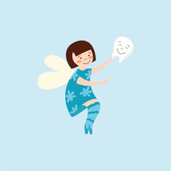 Cute tooth fairy magic creator with tooth icon flat cartoon illustration isolated.