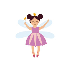 Cute fantasy fairy girl in pink dress with crown and magic wand flying with dragonfly wings