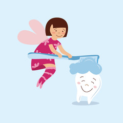 Cute cartoon tooth fairy girl cleaning and brushing a smiling tooth with toothbrush