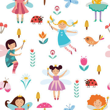 Seamless pattern with cute fairies girls and birds flat vector illustration.