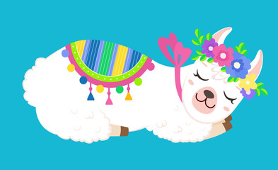 Funny sleeping white llama with colorful flowers © romalya
