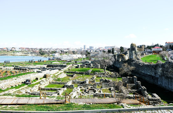 The ruins of the ancient city of Chersonesus on the Black sea. ancient Greek city. Sevastopol, Crimea
