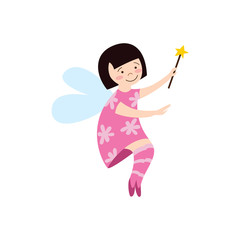 Cute fairy girl in a pink dress with magic wand flat vector illustration isolated.