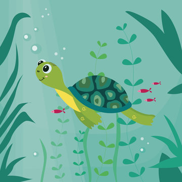 Cartoon turtle swimming the vector illustration on the underwater background.