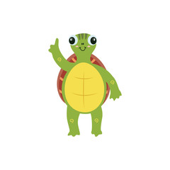 Cute cartoon turtle with raised arm pointing a finger