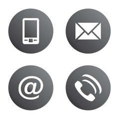 Vector icon set: gray spherical communication icons - mobile phone, envelope, e-mail address, phone