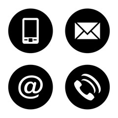 Vector icon set: black flat communication icons - mobile phone, envelope, e-mail address, phone
