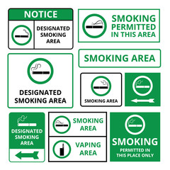 Designated smoking area - green signboard sticker set with public notice information