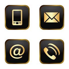 Vector icon set: golden communication icons on black background - mobile phone, envelope, e-mail address, phone