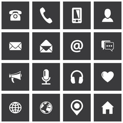 Square communication icon set. Vector pictograms for business, mobile, web: phone, mobile phone, email, envelope, profile, chat, globe, home, location, microphone, headphones, megaphone