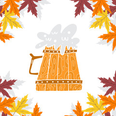Beer mugs, autumn leaves and Octoberfest l