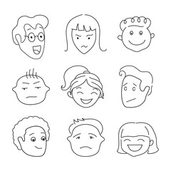 Doodle vector portraits of different people on white background.   