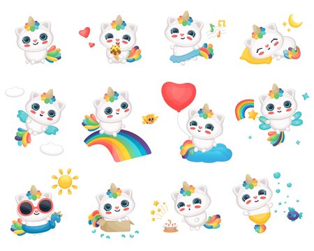 Set of caticorn characters, happy cats and unicorns foe stickers or prints, posters or cards.