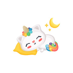 Cartoon cat unicorn sleeping, cute funny kitten with rainbow horn and tail taking a nap on pillow under moon and stars