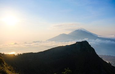 Sunrise at Mount Batur, Bali. Mountain hiking at sunrise