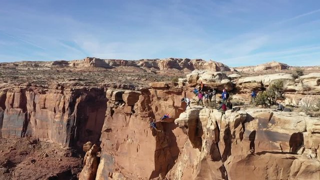 Aerial view of extreme sport base jumping in Moab Utah