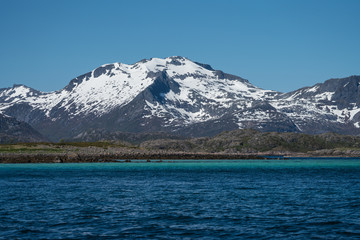 Amazing blue water of the fjords of the Lofoten Islands, Norway
