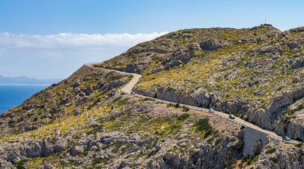 Scenic road to reach the lighthouse at Cap de Formentor in the coast of north Mallorca, Balearic Islands, Spain.