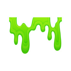 Green slime dripping in a line, sticky mucus goo drops isolated on white background