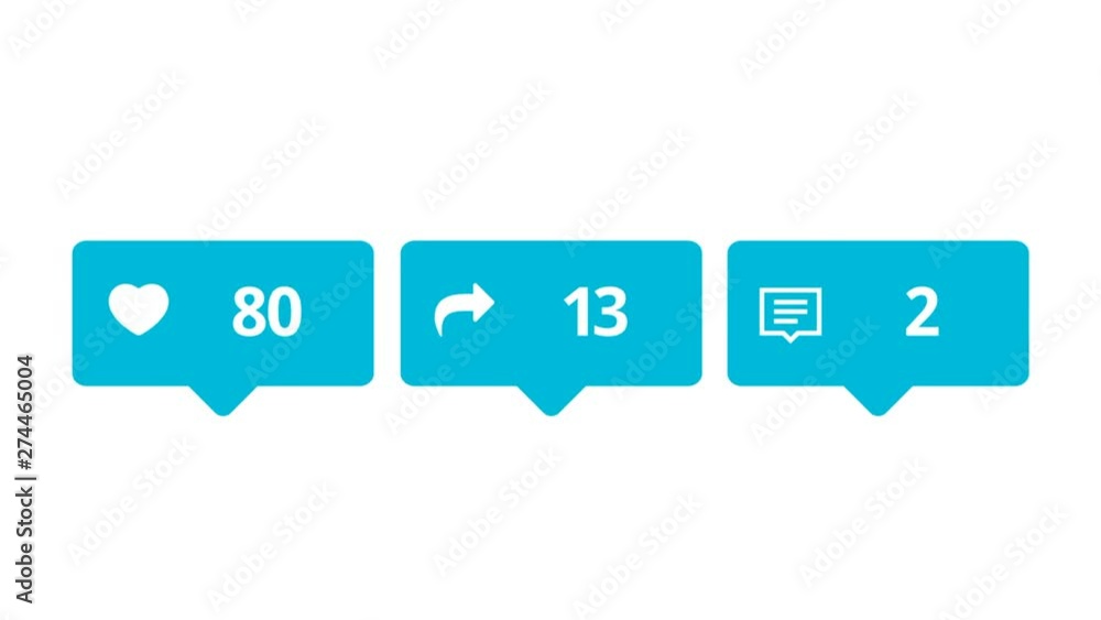 Poster animation of like, share and comments colorful icons with numbers counting on white background. anim