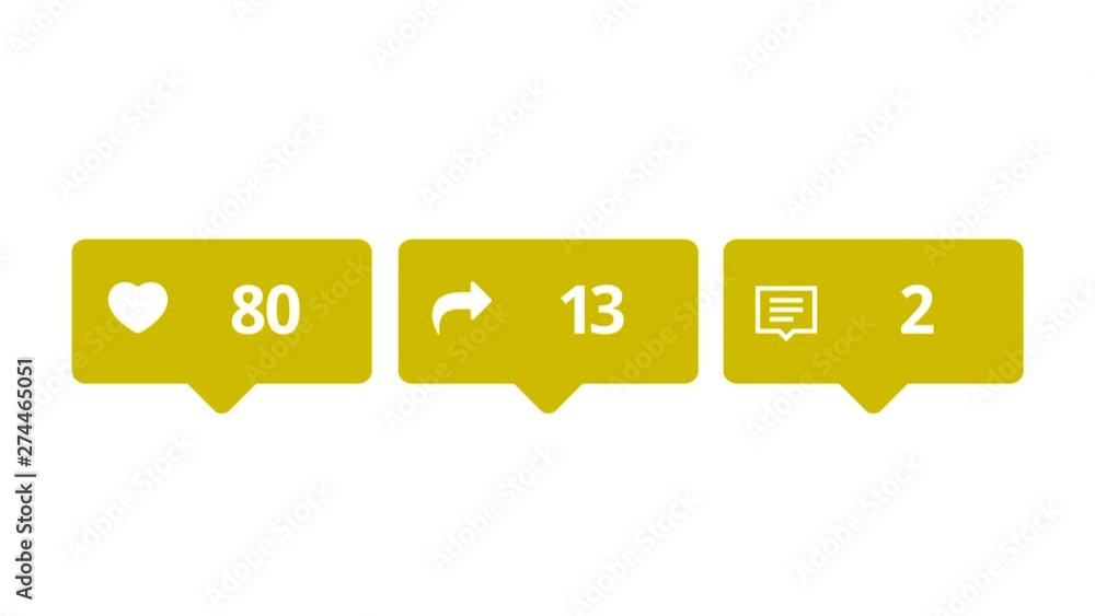 Poster animation of like, share and comments colorful icons with numbers counting on white background. anim