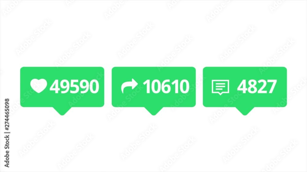 Poster like, share and comments colorful icons with increasing counting of numbers on white background. ani