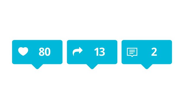 Animation of Like, Share and Comments colorful icons with numbers counting on white background. Animation. Social media reaction buttons