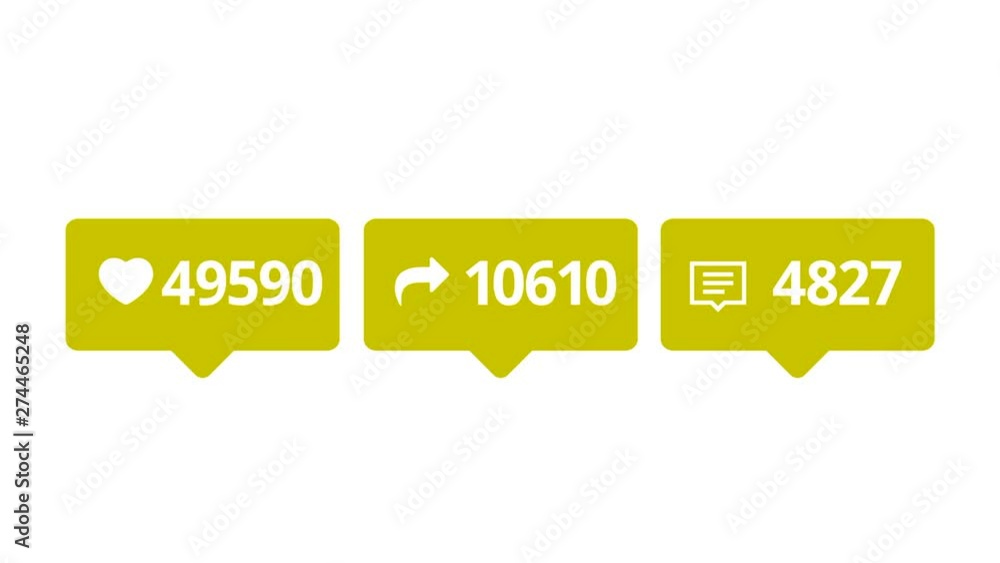 Poster like, share and comments colorful icons with increasing counting of numbers on white background. ani