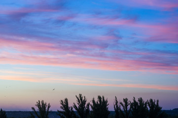 Landscape with dramatic light - beautiful golden sunset with saturated sky and clouds.