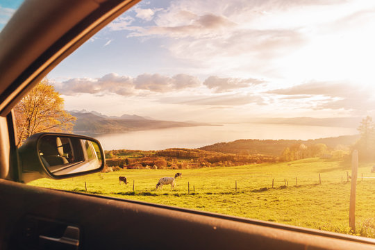 Car View On Lake Geneva, Switzerland On A Nice Sunny Day