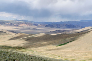 Fototapeta na wymiar Western Mongolia steppe landscape. Area between Russian border and Tsagaannuur town. Bayan-Ulgii Province, Mongolia..