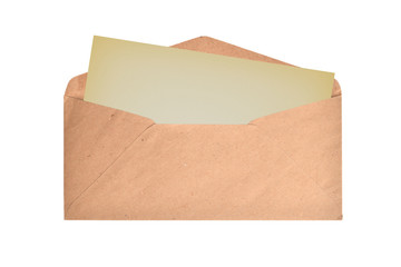 Brown envelope with blank card on a white background. Flat lay. Top view.