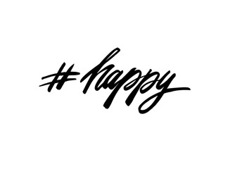 Hashtag happy. Phrase from a social network. Handwritten brush lettering for web and mobile app design.