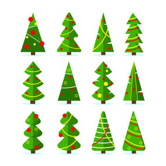 Christmas trees set. Modern flat design collection of simple fir-tree with Christmas decorations. Vector illustration. Can be used for greeting card, invitation, banner, web