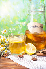 Healthy tea kombucha with lemon and cinnamon. Recipe for homemade Kombucha