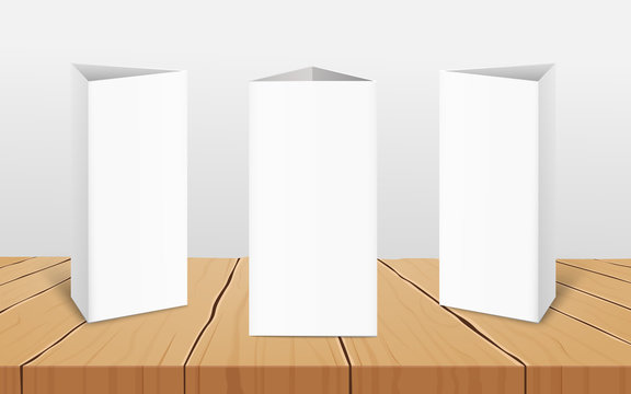 Set of three blank vertical table tent cards realistic vector mockup.