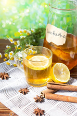 Healthy tea kombucha with lemon and cinnamon. Recipe for homemade Kombucha