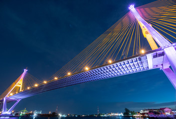 Night view of Bhumibol Bridge, also known as Ring road bridge, across Chao Phraya river with...