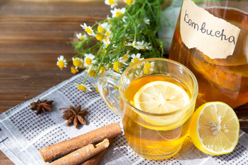 Healthy tea kombucha with lemon and cinnamon. Recipe for homemade Kombucha