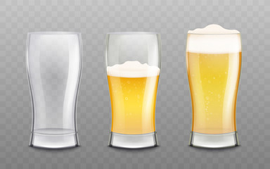 Glasses empty and filled with foamed beer 3d vector illustration isolated.
