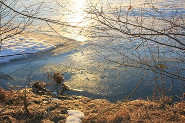 Spring on a frozen lake on a Sunny day. Russia. Semenov