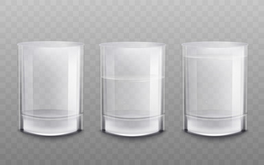Crystal clear empty glasses set the realistic vector mockup illustration isolated.