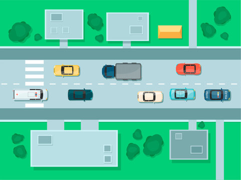 Road top view with highways many different vehicles. Map of cars traffic jam and urban transport. City infrastructure with transportation design elements