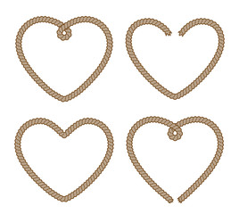 Set of 4 rope heart brown frames. Monochrome vector illustration