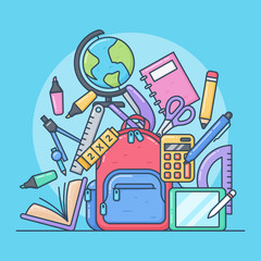 Naklejka premium Cute illustrations of school equipment for posters, stickers, ads, children book. isolated in blue background